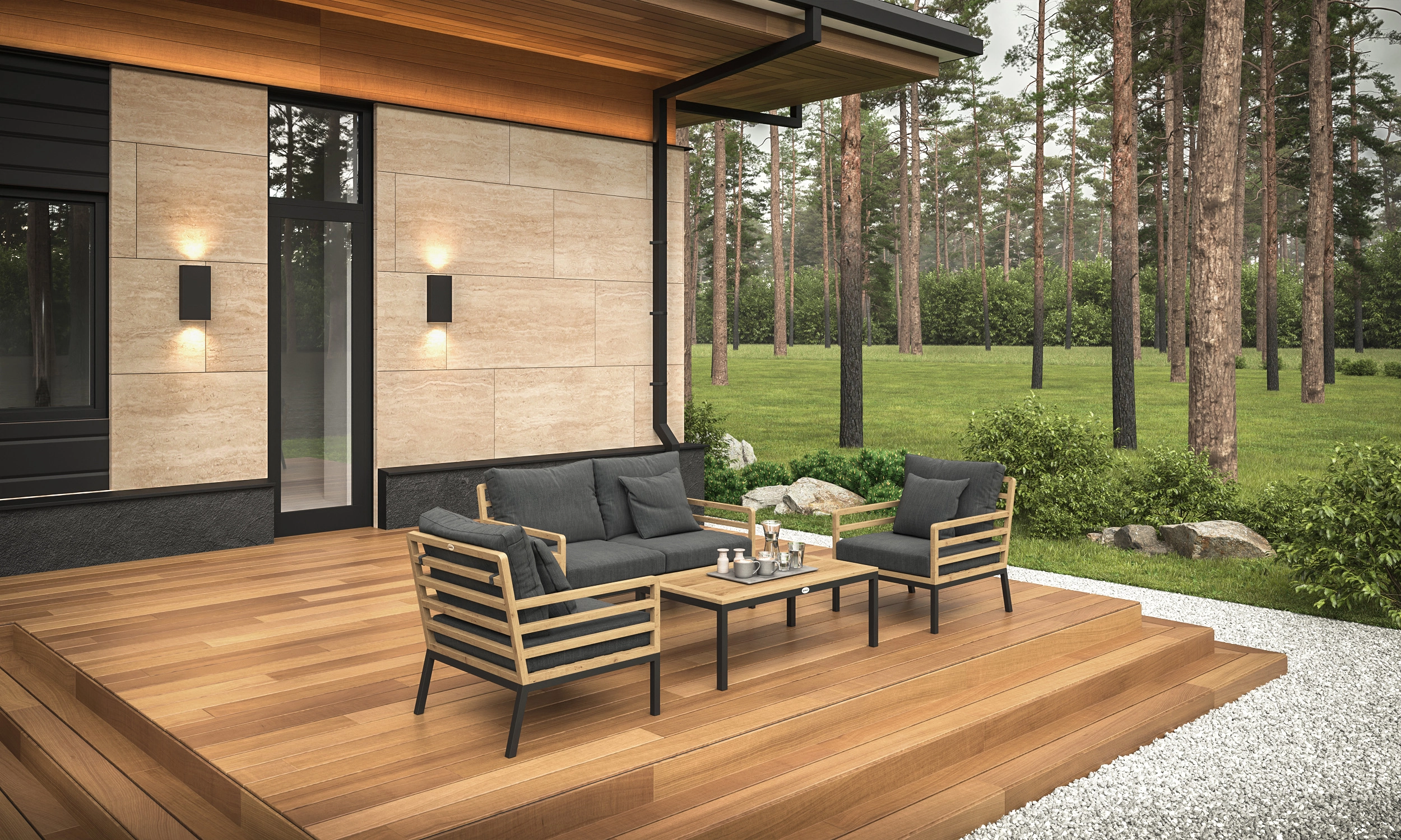 Лаунж зоны Gardenini Patio Calma серая, тик / алюминий - 15%